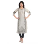 Women's 3/4th Sleeve Silk Blend Tunic Long Kurti (Beige)