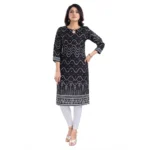 Women's 3/4th Sleeve Cotton Blend Tunic Long Kurti (Black)