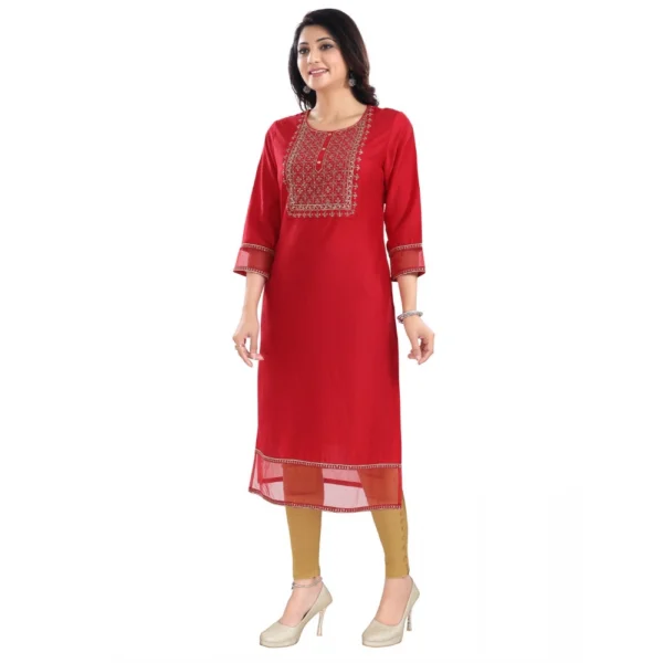 Women's 3/4th Sleeve Silk Blend Tunic Long Kurti (Red)