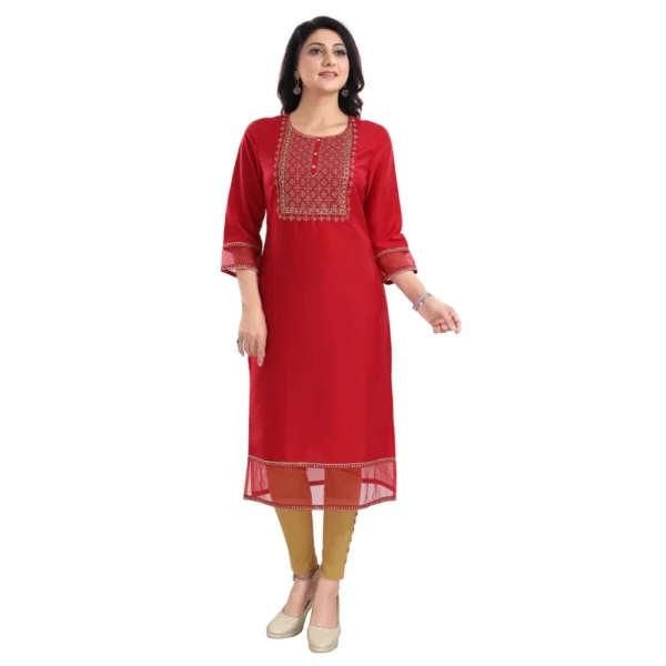 Women's 3/4th Sleeve Silk Blend Tunic Long Kurti (Red)