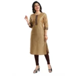 Women's 3/4th Sleeve Silk Blend Tunic Long Kurti (Beige)