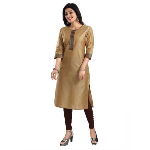 Women's 3/4th Sleeve Silk Blend Tunic Long Kurti (Beige)