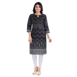 Women's 3/4th Sleeve Cotton Blend Tunic Long Kurti (Black)