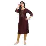 Women's 3/4th Sleeve Silk Blend Tunic Long Kurti (Brown)