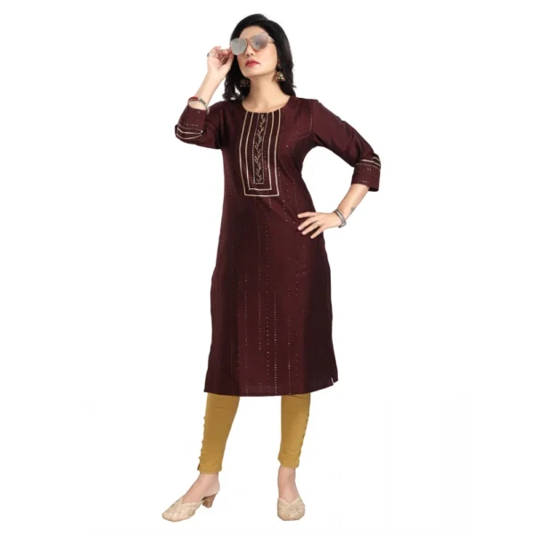 Women's 3/4th Sleeve Silk Blend Tunic Long Kurti (Brown)