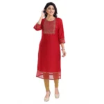 Women's 3/4th Sleeve Silk Blend Tunic Long Kurti (Red)