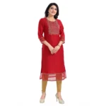 Women's 3/4th Sleeve Silk Blend Tunic Long Kurti (Red)