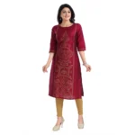 Women's 3/4th Sleeve Silk Blend Tunic Long Kurti (Majenta)