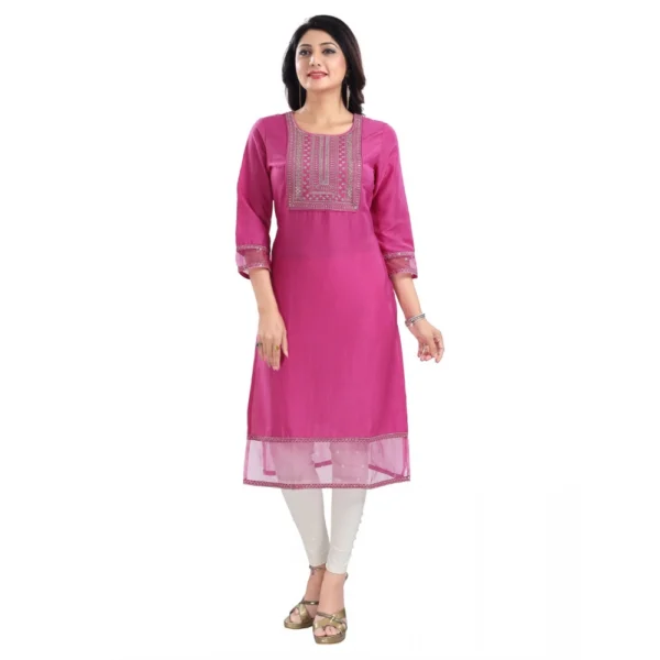 Women's 3/4th Sleeve Silk Blend Tunic Long Kurti (Purple)