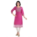 Women's 3/4th Sleeve Silk Blend Tunic Long Kurti (Purple)
