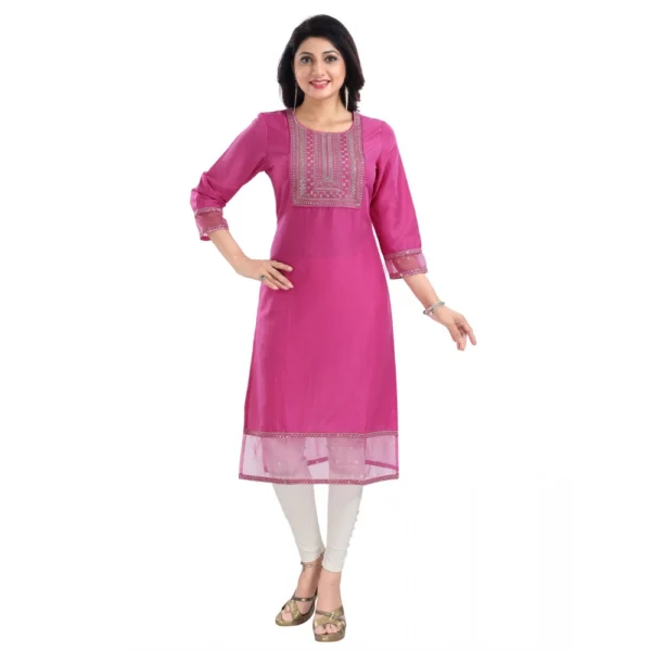 Women's 3/4th Sleeve Silk Blend Tunic Long Kurti (Purple)