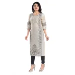 Women's 3/4th Sleeve Silk Blend Tunic Long Kurti (Beige)