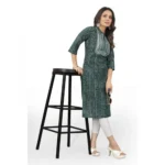 Women's Cotton Embroidery Straight Kurti (Green)