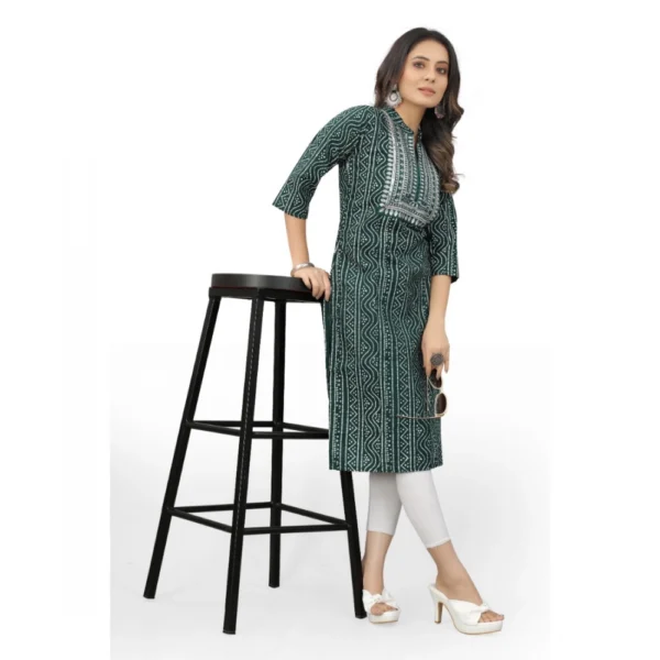 Women's Cotton Embroidery Straight Kurti (Green)
