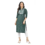Women's Cotton Embroidery Straight Kurti (Green)