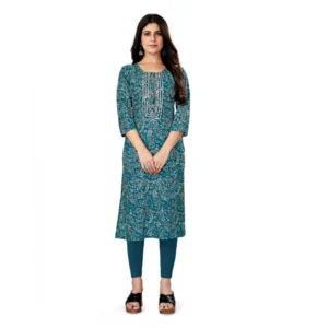 Women's Rayon Foil Printed Straight Kurti (SkyGreen)