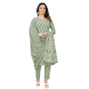 Women's Cotton Printed Straight Kurti Set(Pista)