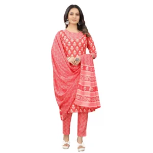 Women's Cotton Printed Straight Kurti Set(Peach)