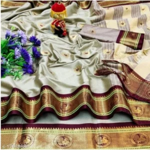 Women's Soft Cotton Peocock Motif Printed Sarees (Beige, 5-6 Mtrs)