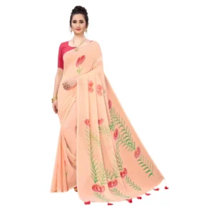 Women's Georgette Floral Hand Printed Sarees (Peach, 5-6 Mtrs)
