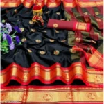 Women's Soft Cotton Peocock Motif Printed Sarees (Black, 5-6 Mtrs)