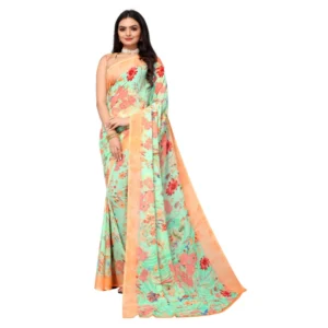 Women's Renial Georgette Floral Printed Sarees (Green Orange, 5-6 Mtrs)