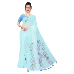 Women's Georgette Floral Hand Printed Sarees (Sky Blue, 5-6 Mtrs)