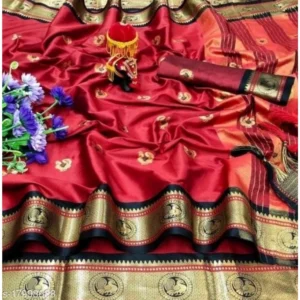 Women's Soft Cotton Peocock Motif Printed Sarees (Red, 5-6 Mtrs)