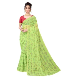 Women's Georgette Bandhini Foil Printed Sarees (Parrot Green, 5-6 Mtrs)