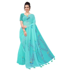 Women's Georgette Floral Hand Printed Sarees (Rama, 5-6 Mtrs)