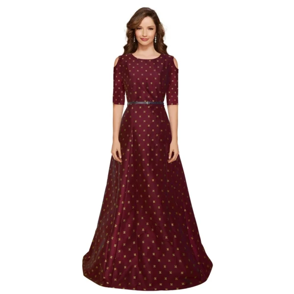 Generic Women's Jquared with Taffeta Silk Western Wear Flare Long Gown (Maroon)