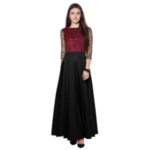 Women's American Crepe and Rasal Western Wear Flare Long Gown (Maroon)