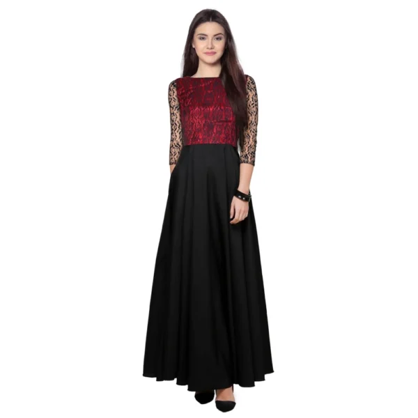 Women's American Crepe and Rasal Western Wear Flare Long Gown (Maroon)