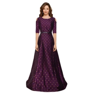 Generic Women's Jquared with Taffeta Silk Western Wear Flare Long Gown (Wine)