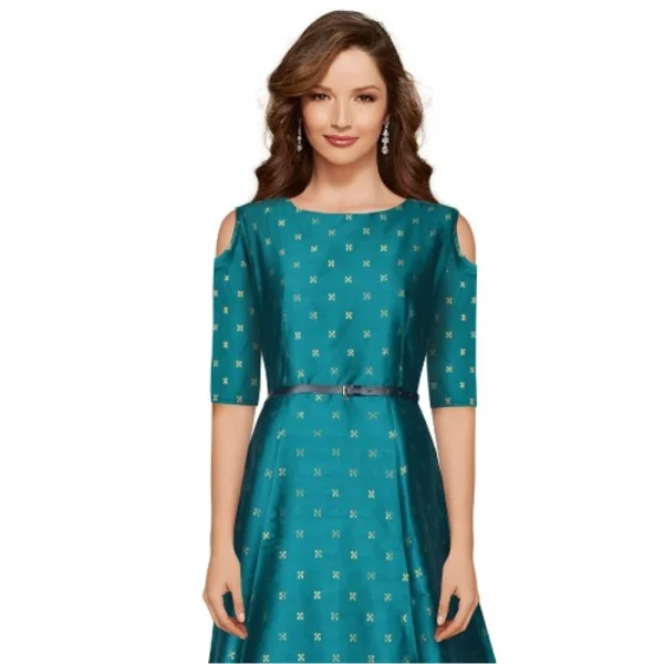 Generic Women's Jquared with Taffeta Silk Western Wear Flare Long Gown (Sea Green)