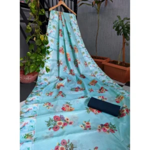 Women's Kota Doria Digital Printed Sarees (Ferozi, 5-6 Mtrs)