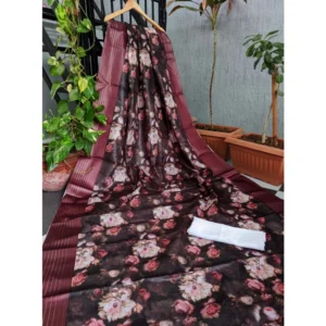 Women's Kota Doria Digital Printed Sarees (Coffee, 5-6 Mtrs)