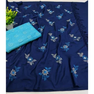 Women's Vichitra Silk Floral Rubber Printed Sarees (Navy Blue, 5-6 Mtrs)