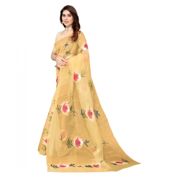 Women's Organza Floral Pattern Sarees (Mustard, 5-6 Mtrs)