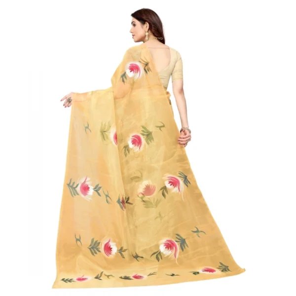 Women's Organza Floral Pattern Sarees (Mustard, 5-6 Mtrs)