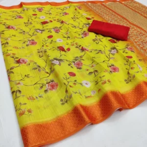 Women's Cotton Blend Digital Printed Sarees (Orange, 5-6 Mtrs)