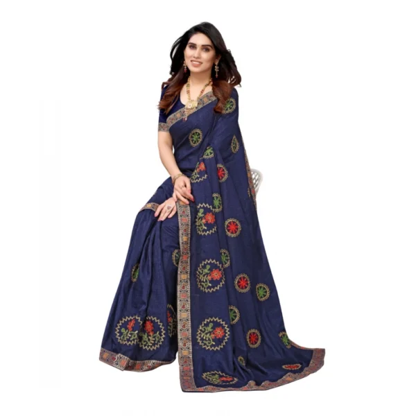 Women's Vichitra Silk Embroidery Sarees (Navy Blue, 5-6 Mtrs)