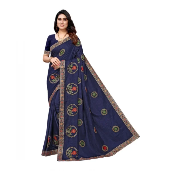 Women's Vichitra Silk Embroidery Sarees (Navy Blue, 5-6 Mtrs)