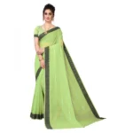 Women's Cotton Blend Stripe Pattern Sarees (Parrot Green, 5-6 Mtrs)