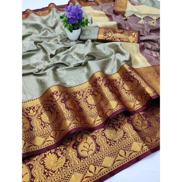 Women's Cotton Blend Emboss Woven Pattern Sarees (Beige Maroon, 5-6 Mtrs)