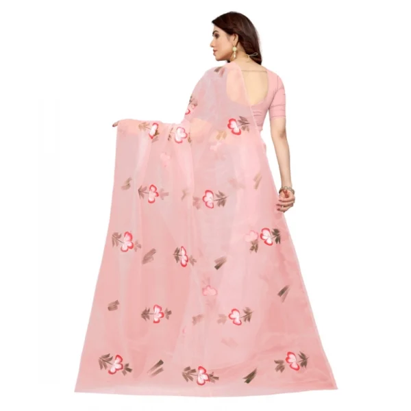 Women's Organza Floral Pattern Sarees (Pink, 5-6 Mtrs)