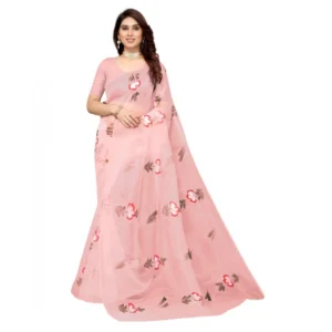 Women's Organza Floral Pattern Sarees (Pink, 5-6 Mtrs)