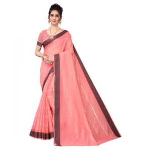 Women's Cotton Blend Stripe Pattern Sarees (Peach, 5-6 Mtrs)