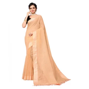 Women's Cotton Blend Slub Pattern Sarees (Orange, 5-6 Mtrs)