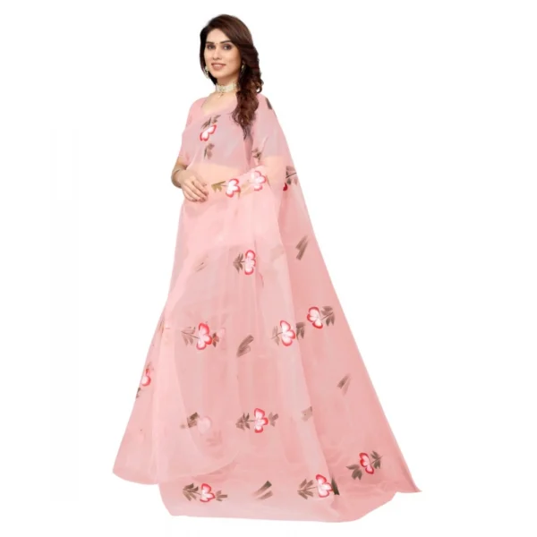 Women's Organza Floral Pattern Sarees (Pink, 5-6 Mtrs)